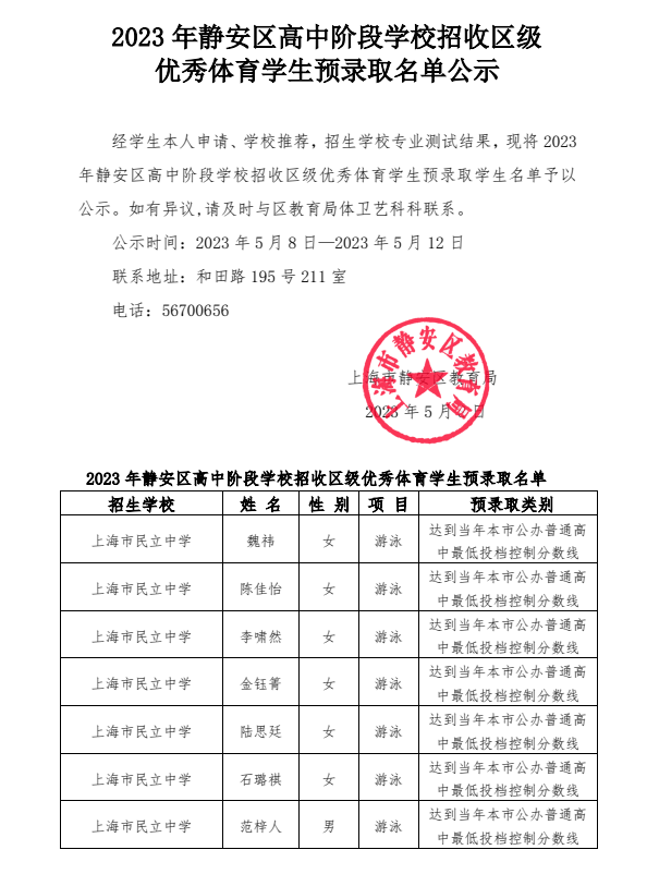 19-1 2023年靜安區高中階段學校招收區級優秀體育學生預錄取名單公示.png